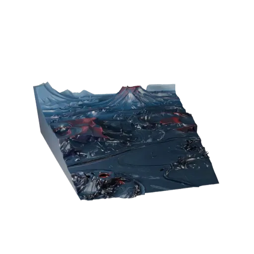 Volcanic Wasteland Biome Unreal Engine 3D model, top-down viewport view, showing terrain layers, lava channels.