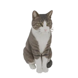 Un modello 3D realistico di un gatto tabby seduto dritto, con occhi verdi e dettagli del pelo.
