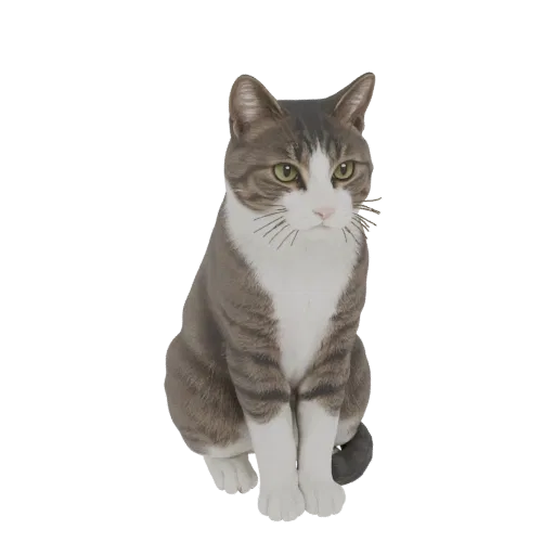 Ein realistisches 3D-Modell einer aufrecht sitzenden Tabby-Katze mit grünen Augen und detaillierten Fellmustern.