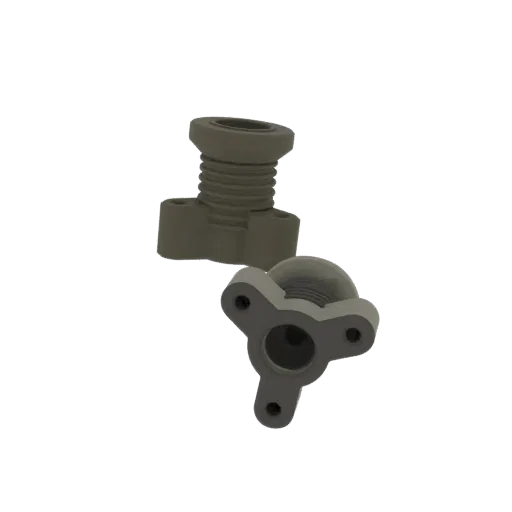 A 3D model of a grey, industrial flanged pipe connector with visible threads and bolt holes, set against a black background.