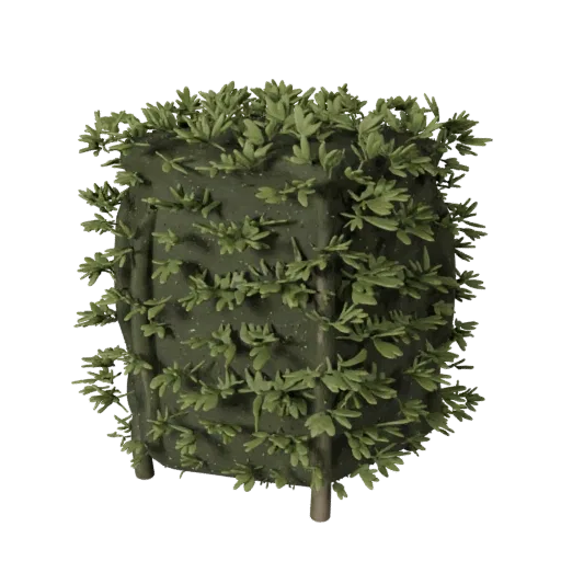 Hedge Row Kit High Poly 3D model, close-up cinematic environment render, showing leaf clusters, terrain detail.