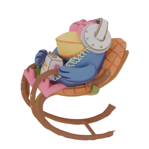 3D model of a blue bird wearing headphones and relaxing in a rocking chair, holding a drink.