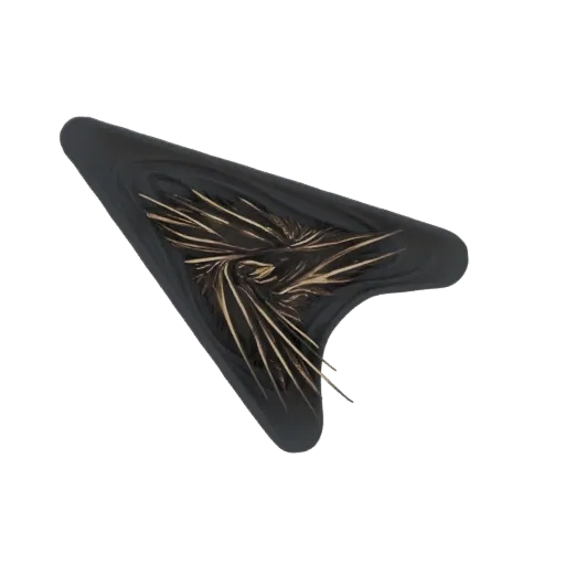A 3D render of a dark arrowhead with a detailed, swirling golden feather inlay, presented on a white background.
