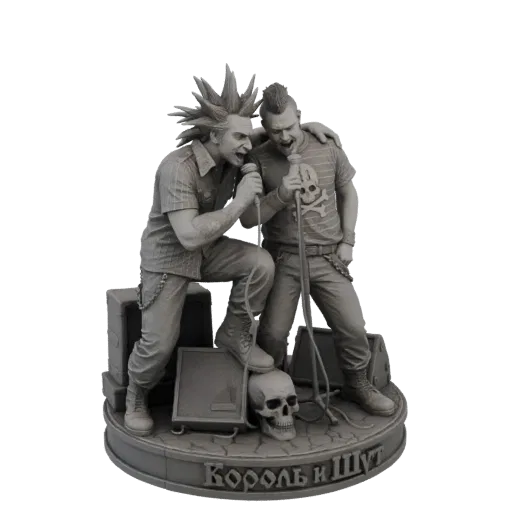 3D model of the Korol i Shut punk rock duo, singing into microphones on a stage with a skull and speakers.