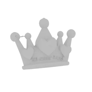 3D model of a white crown keychain with raised hearts on the front and engraved text 'I'm proud of you' on the back.