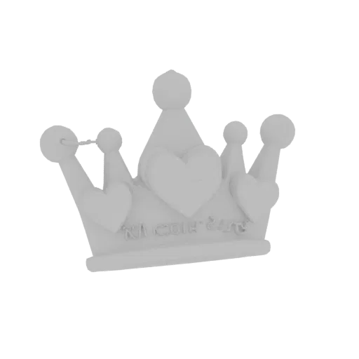 3D model of a white crown keychain with raised hearts on the front and engraved text 'I'm proud of you' on the back.