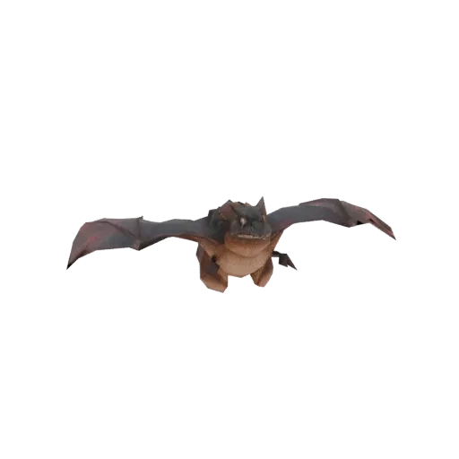 3D model of a bat with nails, flying forward, with dark wings and body adorned with nails.