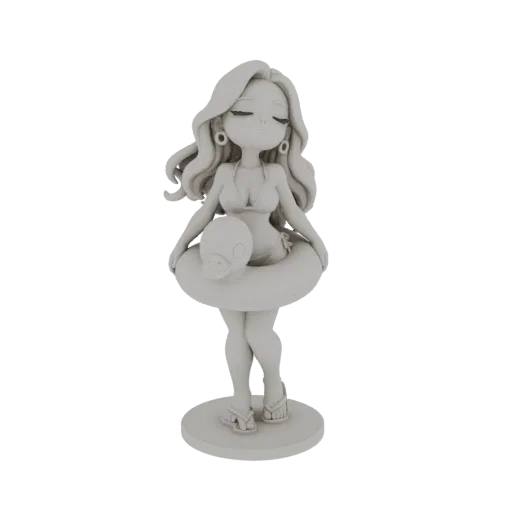 3D model of a chibi girl in a bikini holding a yellow duck float, with closed eyes and wavy hair, on a circular base.