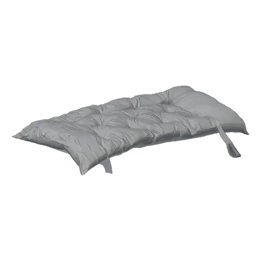 3D model of a white puffy mattress resting on soft, undulating sand dunes under a bright sky.