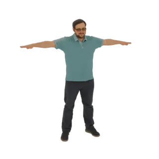 Modelo 3D de hombre con polo azul turquesa y pantalones oscuros, brazos extendidos en pose T.