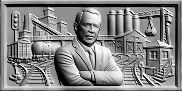 3D-Modell Basrelief: Mann im Anzug vor Industrielandschaft mit Eisenbahn, Zügen und Fabriken