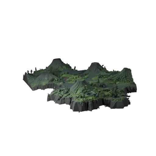 Volcanic Wasteland Biome Realistic 3D model, three-quarter environment render, showing terrain layers, lava channels.