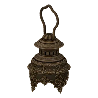 A detailed 3D model of an ornate Victorian-style lantern with a metallic finish and intricate scrollwork, set against a black
