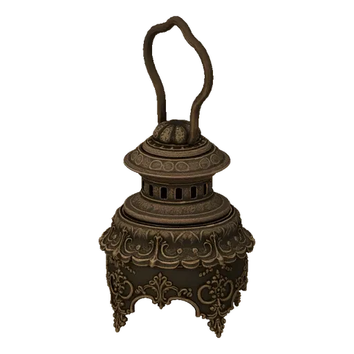 A detailed 3D model of an ornate Victorian-style lantern with a metallic finish and intricate scrollwork, set against a black