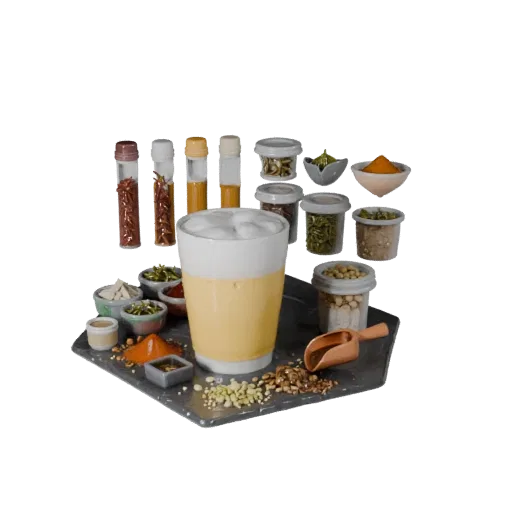 Spice Herb Bundle Product Viz 3D model, three-quarter studio product render, showing powders, small ingredient shapes.