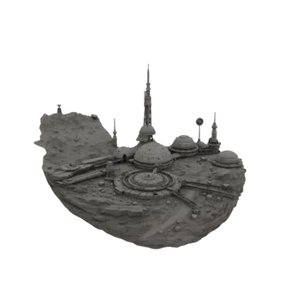 3D model of a futuristic sci-fi base built on a rocky asteroid, featuring towers and domes.