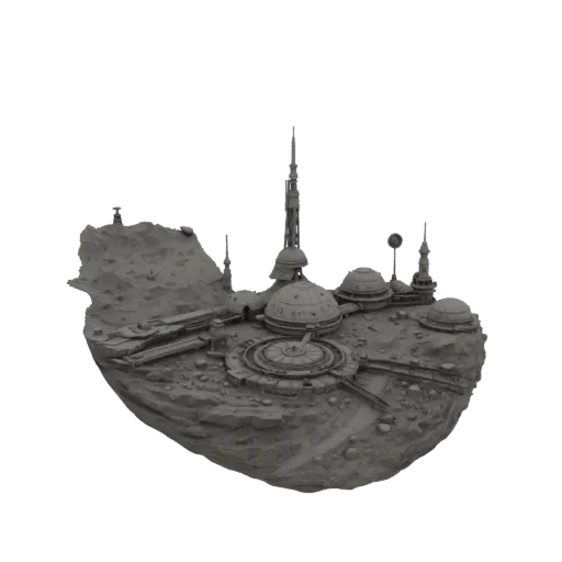 3D model of a futuristic sci-fi base built on a rocky asteroid, featuring towers and domes.
