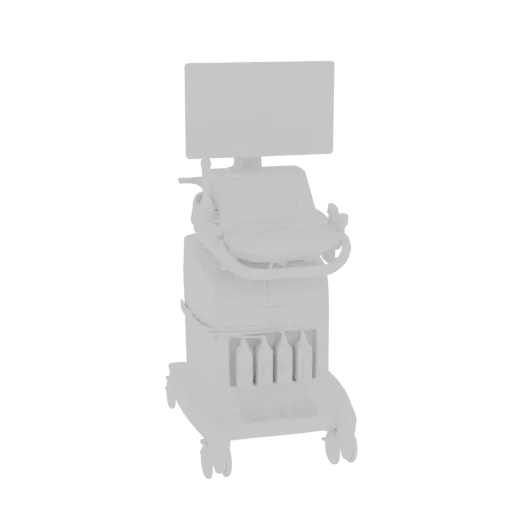Modelo 3D de ecógrafo médico con pantalla grande, panel de control y unidad base, renderizado en material gris claro.