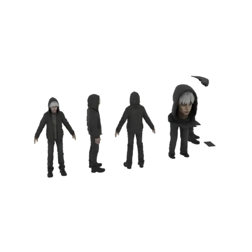 Un modèle 3D d'un personnage à capuche montré dans quatre poses différentes sur fond blanc.