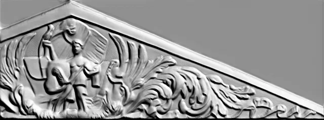 3D model of a bas-relief featuring a winged figure holding a torch with an eagle, in a classic style.