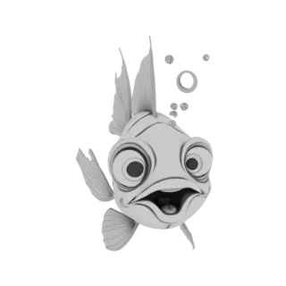 A 3D render of a whimsical cartoon fish with large, round eyes and an open mouth, with bubbles rising from its mouth.