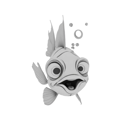 A 3D render of a whimsical cartoon fish with large, round eyes and an open mouth, with bubbles rising from its mouth.