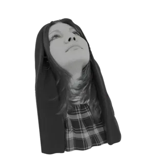 3D model of a young woman wearing a plaid skirt and a dark hood, looking upwards with a contemplative expression.