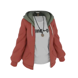 Modello 3D di felpa rossa con zip indossata sopra una maglietta bianca, con accessorio collana.