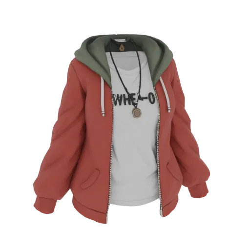 3D model of a red zip-up hoodie worn over a white t-shirt, with a necklace accessory.