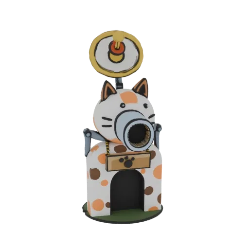 3D model of a whimsical cat-shaped vending machine with orange and brown polka dots, a grey dispensing nozzle, and a paw prin