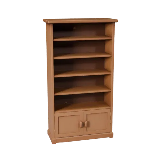 Shaker Bookshelf 3D model, dining room, three-quarter front view, Unity viewport, painted wood detail.