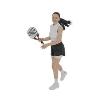 3D model of a smiling woman in athletic wear holding a padel tennis racquet, captured in a dynamic playing pose.