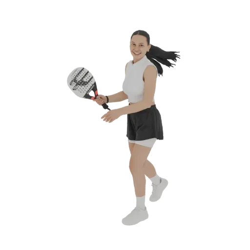 3D-Modell einer lächelnden Frau in Sportkleidung, die einen Padel-Tennis-Schläger hält, in einer dynamischen Spielpose eingef