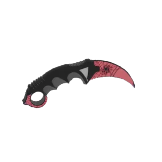 Modèle 3D d'un couteau karambit avec une poignée noire et une lame rouge présentant un motif de toile d'araignée.