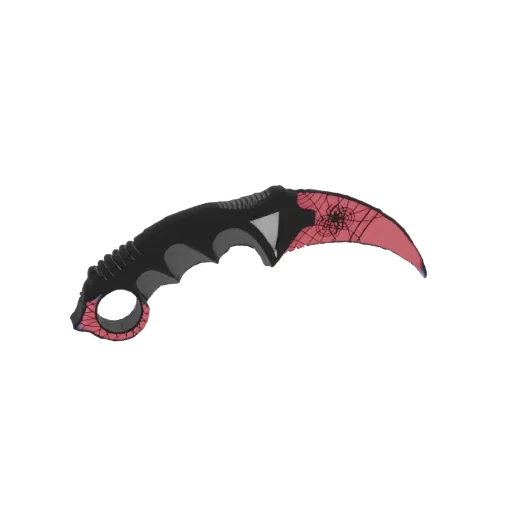 Modelo 3D de uma faca Karambit com cabo preto e lâmina vermelha com design de teia de aranha.