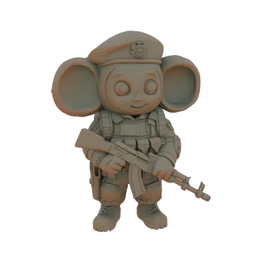 3D model of Cheburashka dressed as a soldier, wearing a beret and tactical vest, holding an AK-47 rifle.