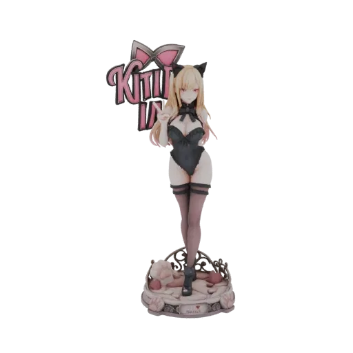 3D model of Kitsune Inari as a bunny girl, wearing a black leotard and thigh-high stockings, striking a peace sign pose.