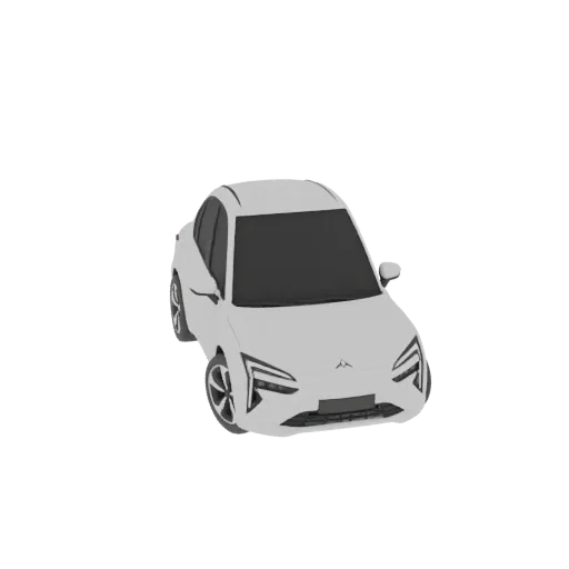 Modelo 3D de un elegante sedán eléctrico blanco con faros modernos y ventanas tintadas, visto desde un ángulo frontal de tres