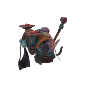 Modèle 3D d'un marchand Orc fantastique avec un grand sac à dos et un bâton, rendu sur fond blanc.