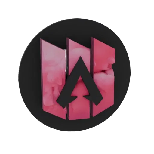 3D model of the Apex Legends logo with a black chevron and pink marble textured panels on a dark circular base.