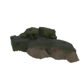 3D model of a floating island with green vegetation on top and a rocky, textured underside, isolated on a white background.