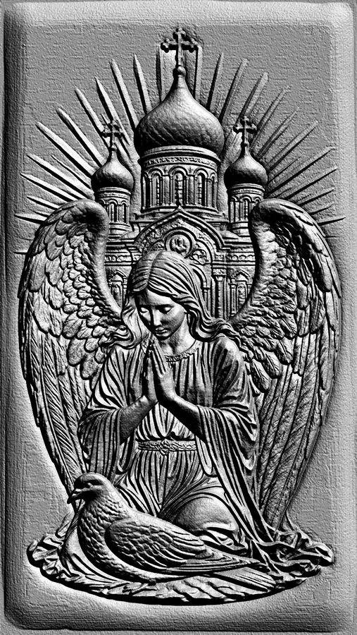 3D model of an angel bas-relief, praying with a dove at its feet, against a backdrop of an Orthodox church.