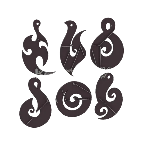 Uma renderização 3D de seis designs de pingentes Maori Koru e Hei Matau, escuros e estilizados, dispostos em duas fileiras.