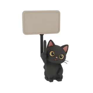 Ein 3D-Render einer süßen schwarzen Katze mit großen gelben Augen, die ein leeres Schild hält.