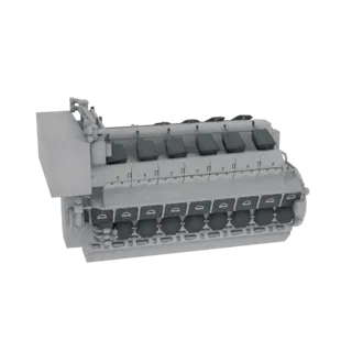 3D model of a large, grey Fairbanks Morse MAN 4860 diesel engine with multiple cylinders and visible components.