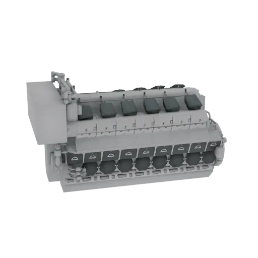 3D model of a large, grey Fairbanks Morse MAN 4860 diesel engine with multiple cylinders and visible components.