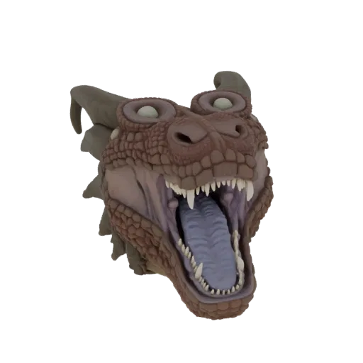 A detailed 3D model of a fearsome dragon head with its mouth wide open, revealing sharp teeth and a textured scaly exterior.