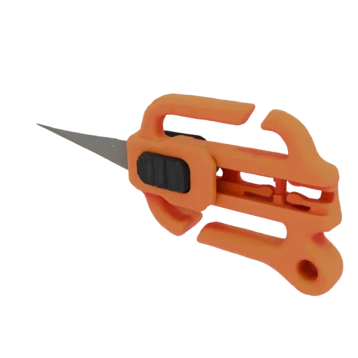 A 3D render of an orange safety cutter with a visible retractable metal blade and a black textured grip.