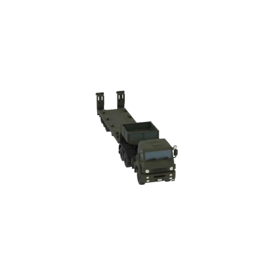 3D model of a green military heavy equipment transporter truck with a low-profile trailer, viewed from a slightly elevated an