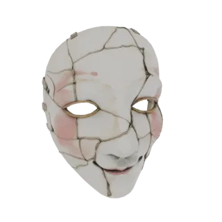 Un rendering 3D di una maschera di bambola in porcellana bianca crepata con visibili linee di riparazione Kintsugi dorate e u